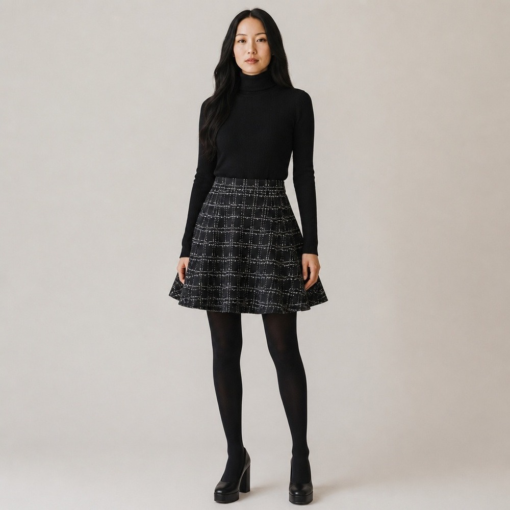 Flare Black White Windowpane Plaid Knit Skater Skirt High Waist Fit Flare S/M